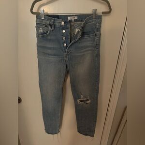 Re/Done Blue Straight Leg Jeans with Distressed Knee